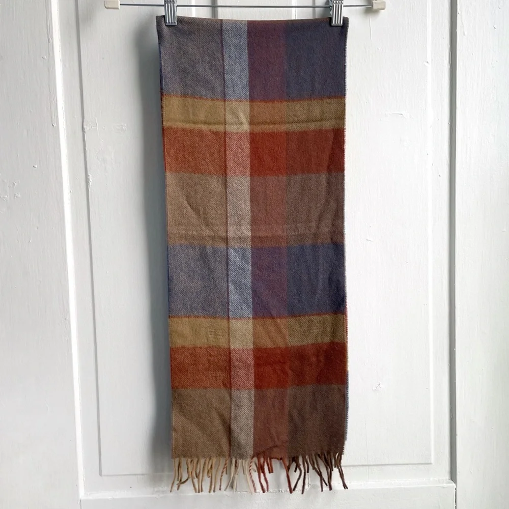 Vintage LS Ayres West Germany 100% Merino Wool Plaid Fringed Scarf